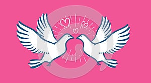 White dove flying. Wedding, love symbol. Valentines day banner