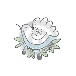 White dove with olive branch drawn in simple style.