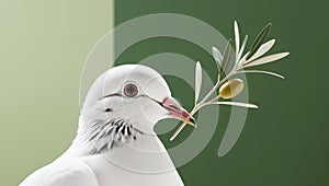 White dove with an olive branch, symbolizing peace. isolated on a solid chromakey background. photo