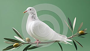 White dove with an olive branch, symbolizing peace. isolated on a solid chromakey background. photo