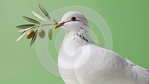 White dove with an olive branch, symbolizing peace. isolated on a solid chromakey background. photo