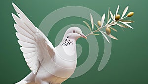 White dove with an olive branch, symbolizing peace. isolated on a solid chromakey background. photo