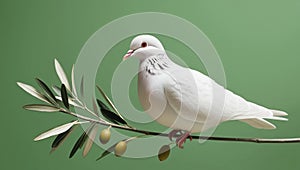 White dove with an olive branch, symbolizing peace. isolated on a solid chromakey background. photo
