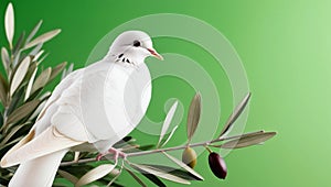 White dove with an olive branch, symbolizing peace. isolated on a solid chromakey background. photo