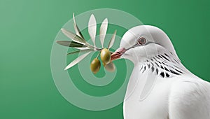 White dove with an olive branch, symbolizing peace. isolated on a solid chromakey background. photo