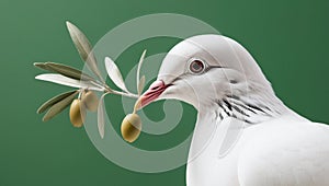 White dove with an olive branch, symbolizing peace. isolated on a solid chromakey background. photo