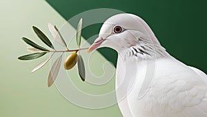 White dove with an olive branch, symbolizing peace. isolated on a solid chromakey background. photo