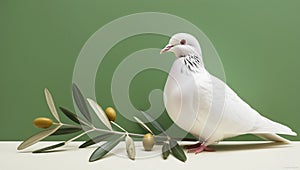 White dove with an olive branch, symbolizing peace. isolated on a solid chromakey background. photo