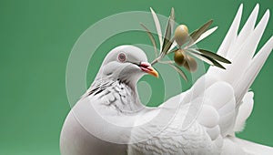 White dove with an olive branch, symbolizing peace. isolated on a solid chromakey background. photo