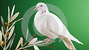 White dove with an olive branch, symbolizing peace. isolated on a solid chromakey background. photo