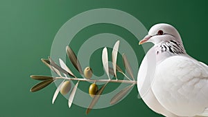 White dove with an olive branch, symbolizing peace. isolated on a solid chromakey background. photo