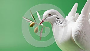 White dove with an olive branch, symbolizing peace. isolated on a solid chromakey background. photo