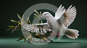White dove with an olive branch, symbolizing peace. isolated on a solid chromakey background. photo