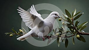 White dove with an olive branch, symbolizing peace. isolated on a solid chromakey background. photo