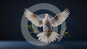 White dove with an olive branch, symbolizing peace. isolated on a solid chromakey background. photo