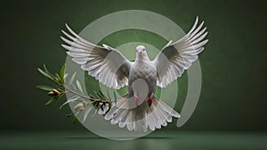 White dove with an olive branch, symbolizing peace. isolated on a solid chromakey background. photo