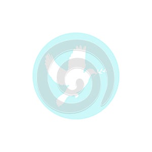 white dove with olive sprig on powder blue circle. Icon isolated on white. Peace vector symbol.