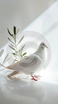 White dove with olive tree branch on white aesthetic background with strong shadows. Peace concept. Generative AI