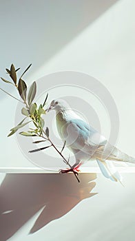 White dove with olive tree branch on white aesthetic background with strong shadows. Peace concept. Generative AI