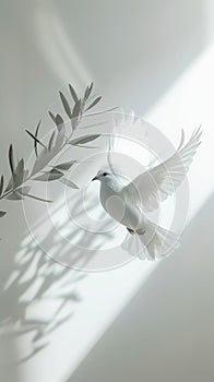 White dove with olive tree branch on white aesthetic background with strong shadows. Peace concept. Generative AI