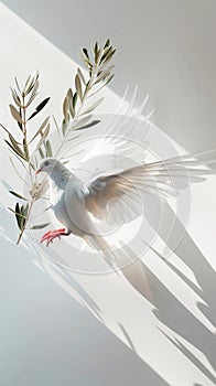 White dove with olive tree branch on white aesthetic background with strong shadows. Peace concept. Generative AI