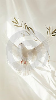 White dove with olive tree branch on white aesthetic background with strong shadows. Peace concept. Generative AI