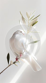 White dove with olive tree branch on white aesthetic background with strong shadows. Peace concept. Generative AI