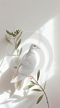 White dove with olive tree branch on white aesthetic background with strong shadows. Peace concept. Generative AI