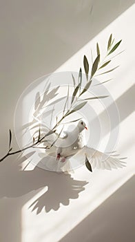 White dove with olive tree branch on white aesthetic background with strong shadows. Peace concept. Generative AI