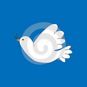 White dove with an olive twig in its beak on a blue background