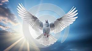 White dove with outstretched wings with blue sky and shining sun in background