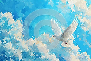 white dove of peace in blue sky with clouds