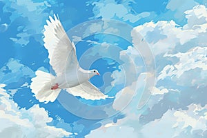 white dove of peace in blue sky with clouds