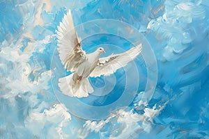 white dove of peace in blue sky with clouds