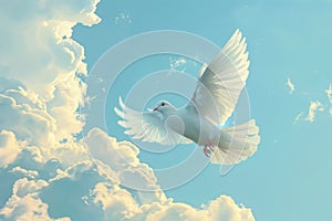 white dove of peace in blue sky with clouds