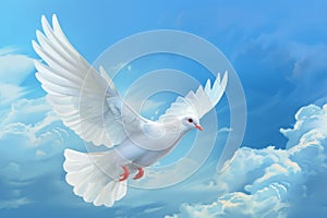 white dove of peace in blue sky with clouds