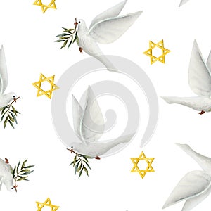 White dove of peace with olive branch and gold stars of David, flying pigeon bird watercolor seamless pattern on white