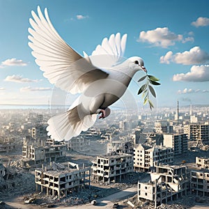 White Dove of Peace Over War-Torn Cityscape