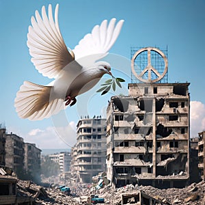 White Dove of Peace Over War-Torn Cityscape
