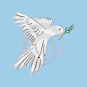 White dove pigeon with green leaves. Peace illustration