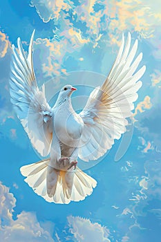 White Dove Soaring Through Blue Sky