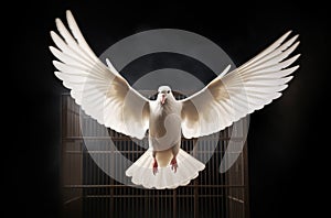 White dove spreading its wings against the dark backdrop, as it flies from an open birdcage. Liberation concept