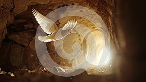 White dove and tomb symbolizing the crucifixion and resurrection of Jesus Christ for Easter