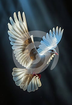 White dove. A white Dove in the air with wings wide open in-front of the sun