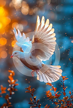 White dove. A white Dove in the air with wings wide open in-front of the sun