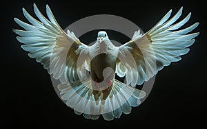 White dove. A white dove with open wings isolated on black background