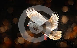 White dove. A white pigeon flies in the night sky