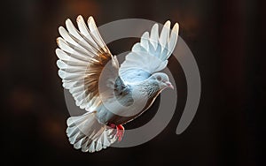 White dove. A white pigeon flying on dark background