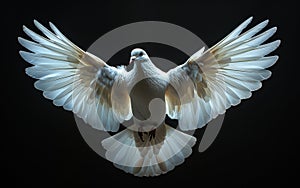 White dove. A white pigeon with open wings isolated on black