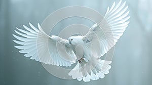 A white dove with wings spread in the air, AI